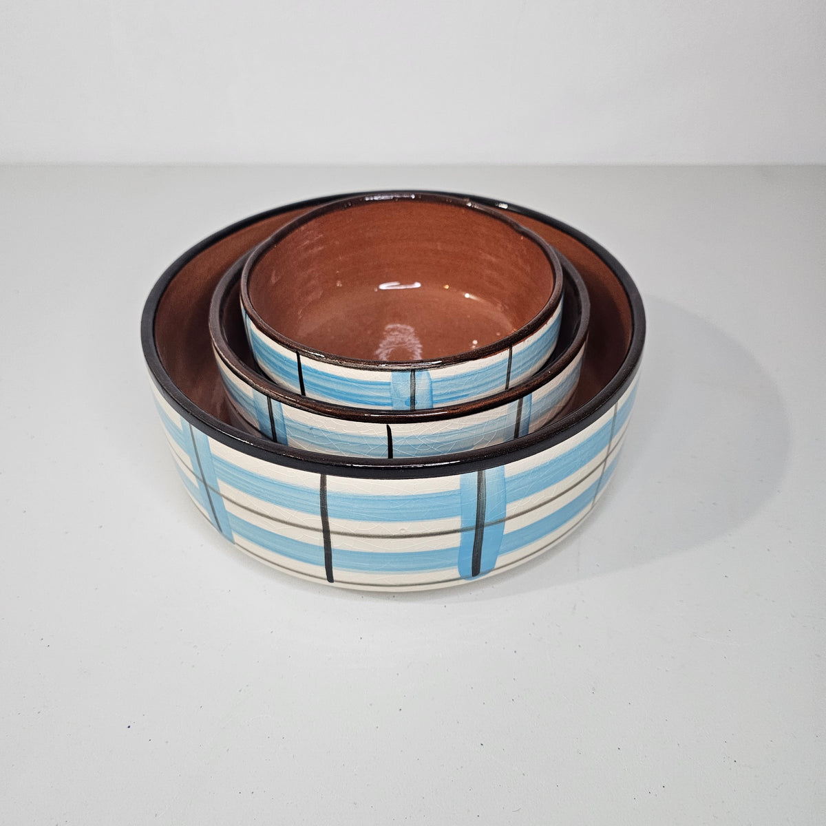 Azure Circles — Trio of Striped Bowls in Handcrafted Ceramic